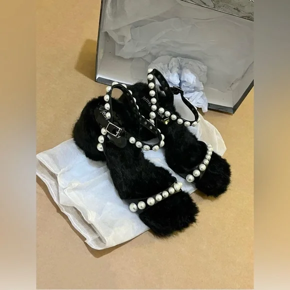 Jeffrey Campbell Black Pearl Embellished Fur Sandals - Picture 2 of 3